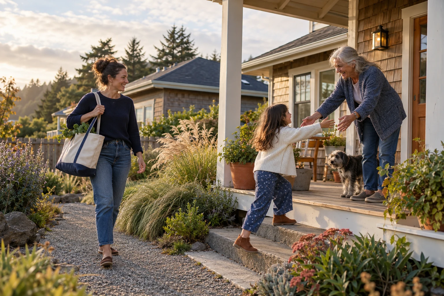 Illustrative scene of a parent and child greeting an older neighbor outside a modest coastal home