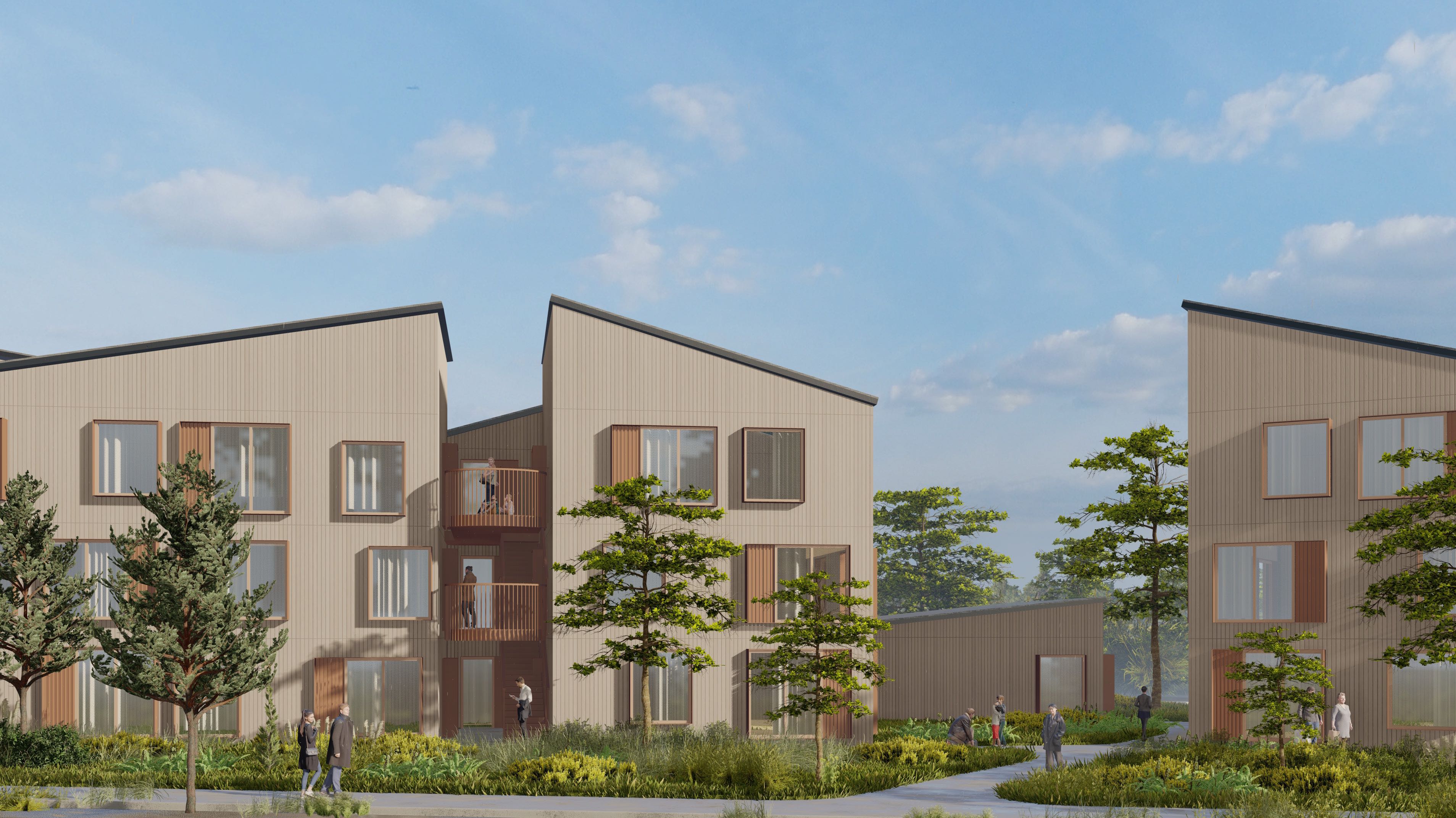 Tillamook Bay Commons concept rendering showing the residential buildings and shared outdoor paths
